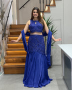Royal Blue Pure Handworked Fish Cut Lehenga Set with Designer Blouse & Dupatta