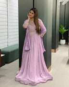 Lavender Handworked Flared Gown Set with Dupatta