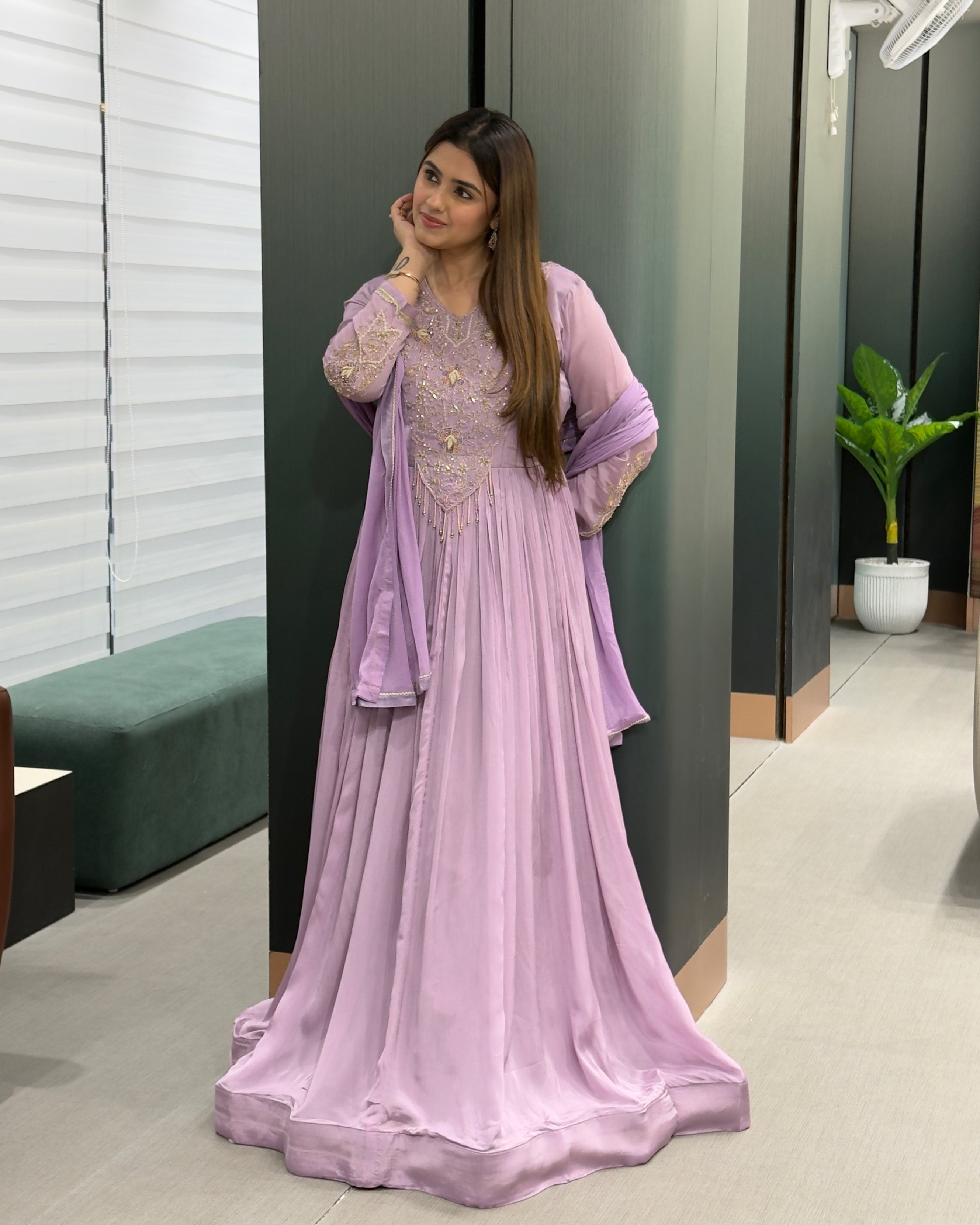 Lavender Handworked Flared Gown Set with Dupatta