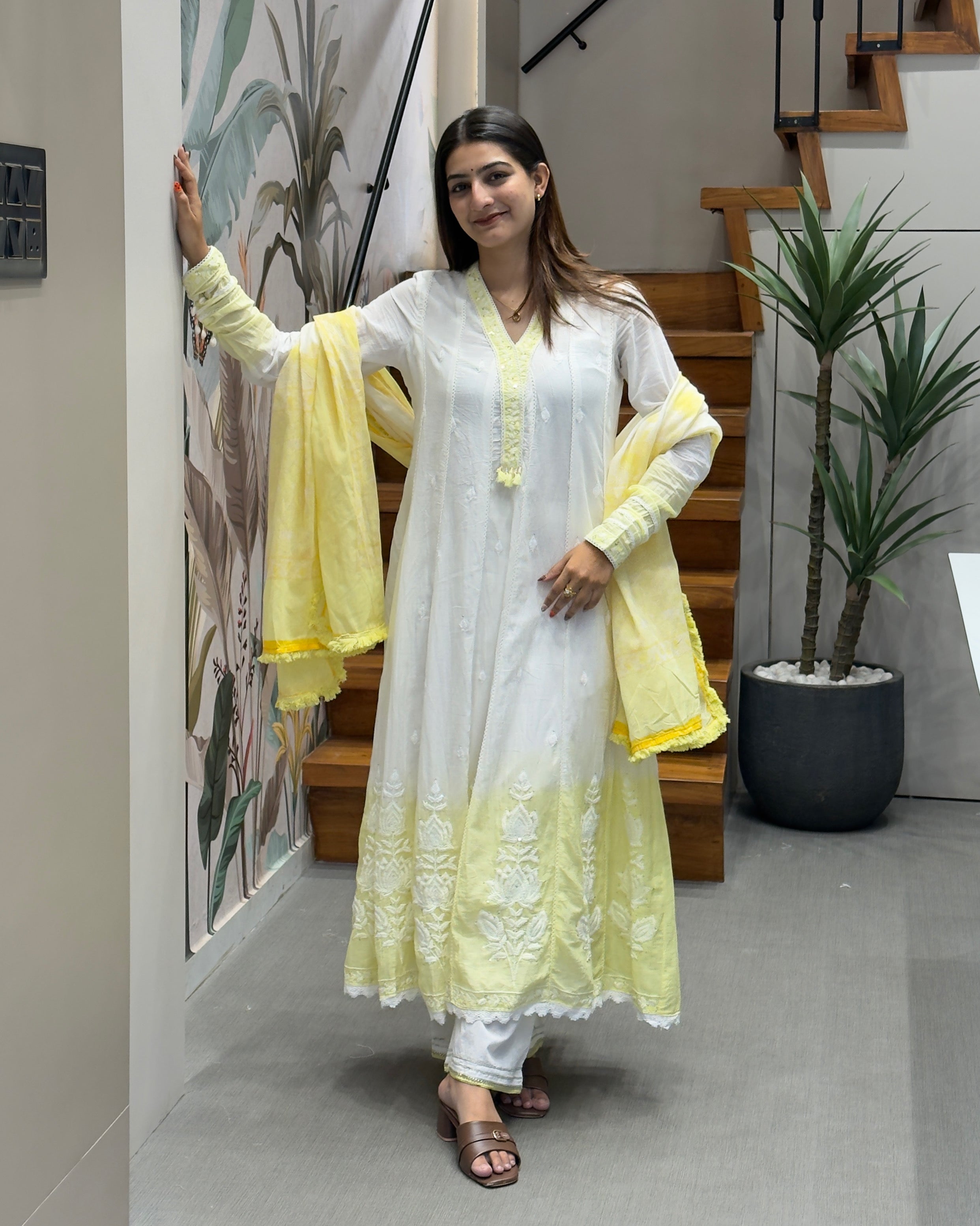 Elegant White & Lemon Yellow Dual Tone Cotton Three Piece Suit Set