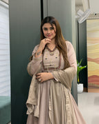 Elegant Beige Handworked Flared Gown Set with Dupatta
