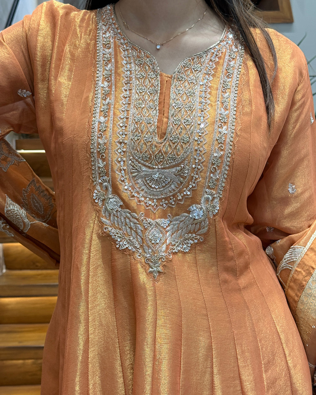 Golden Peach Handworked Full Length Designer Gown Set with Dupatta