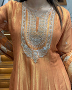 Golden Peach Handworked Full Length Designer Gown Set with Dupatta