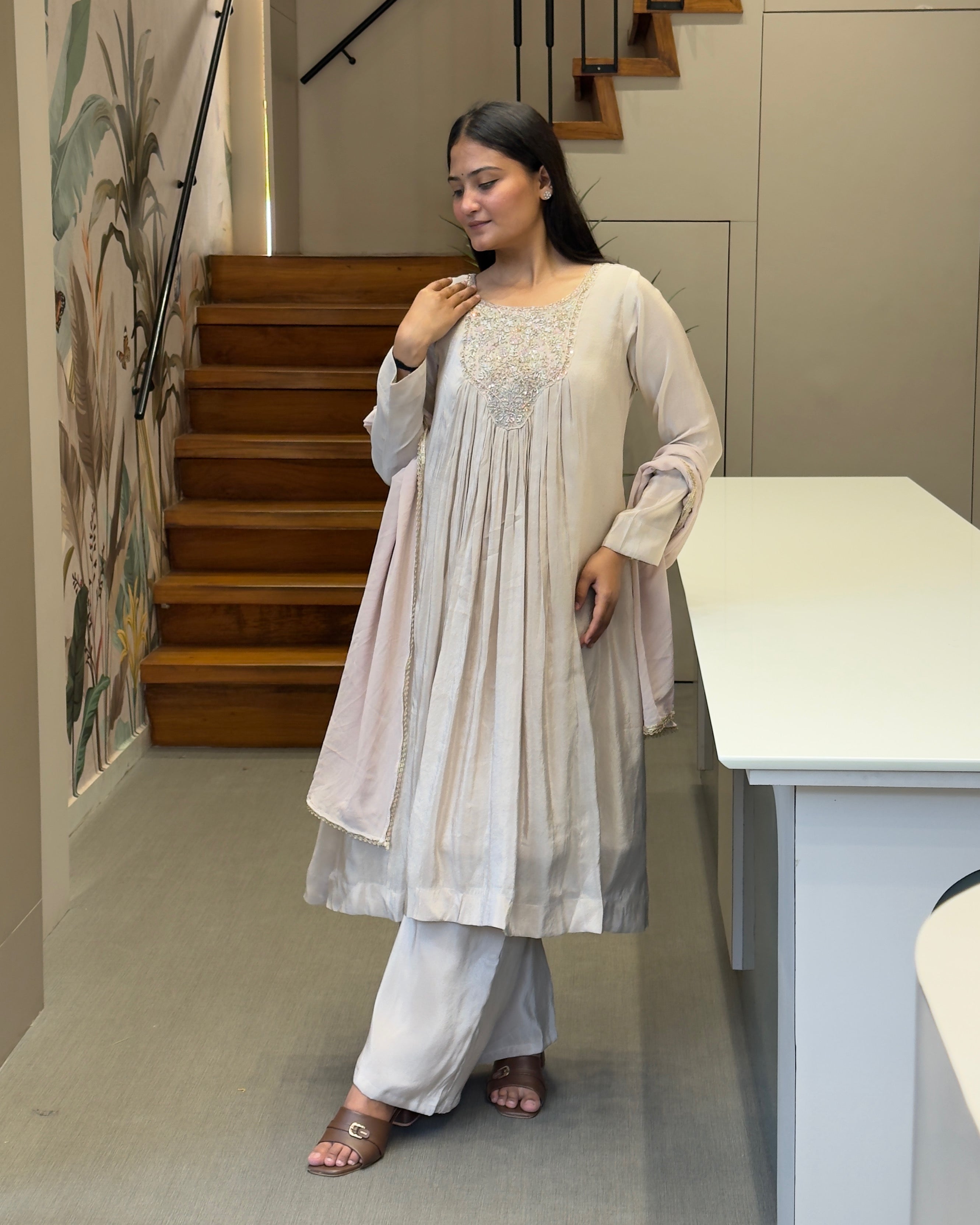 Elegant Pearl White Handwork Three Piece Suit Set
