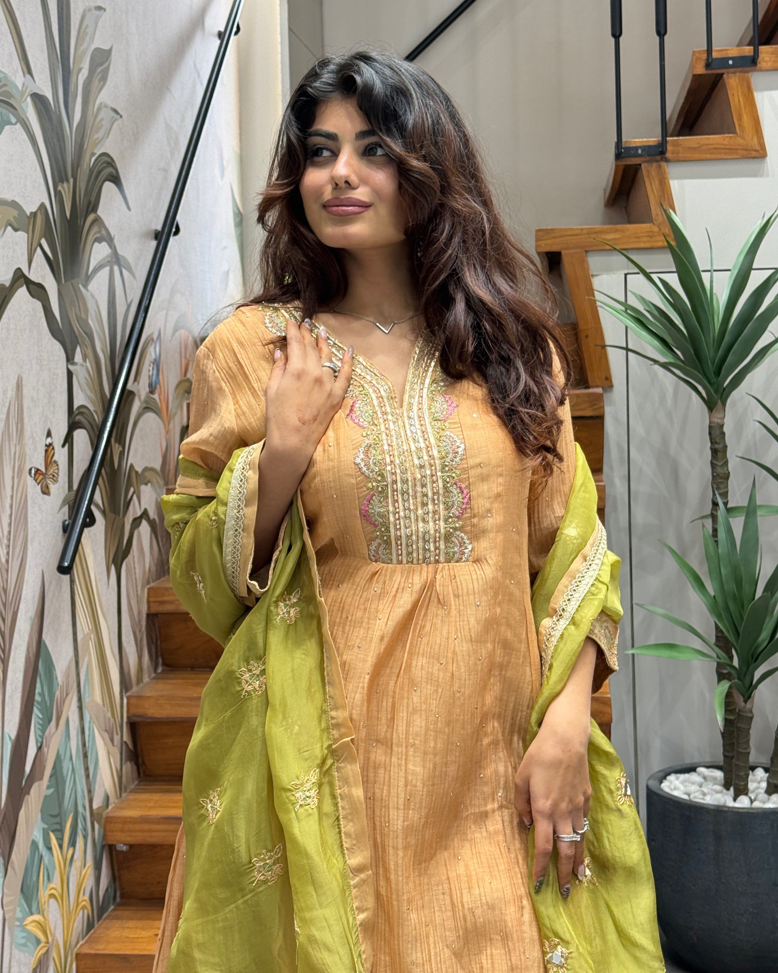Peach Kurti with Olive Green Dupatta