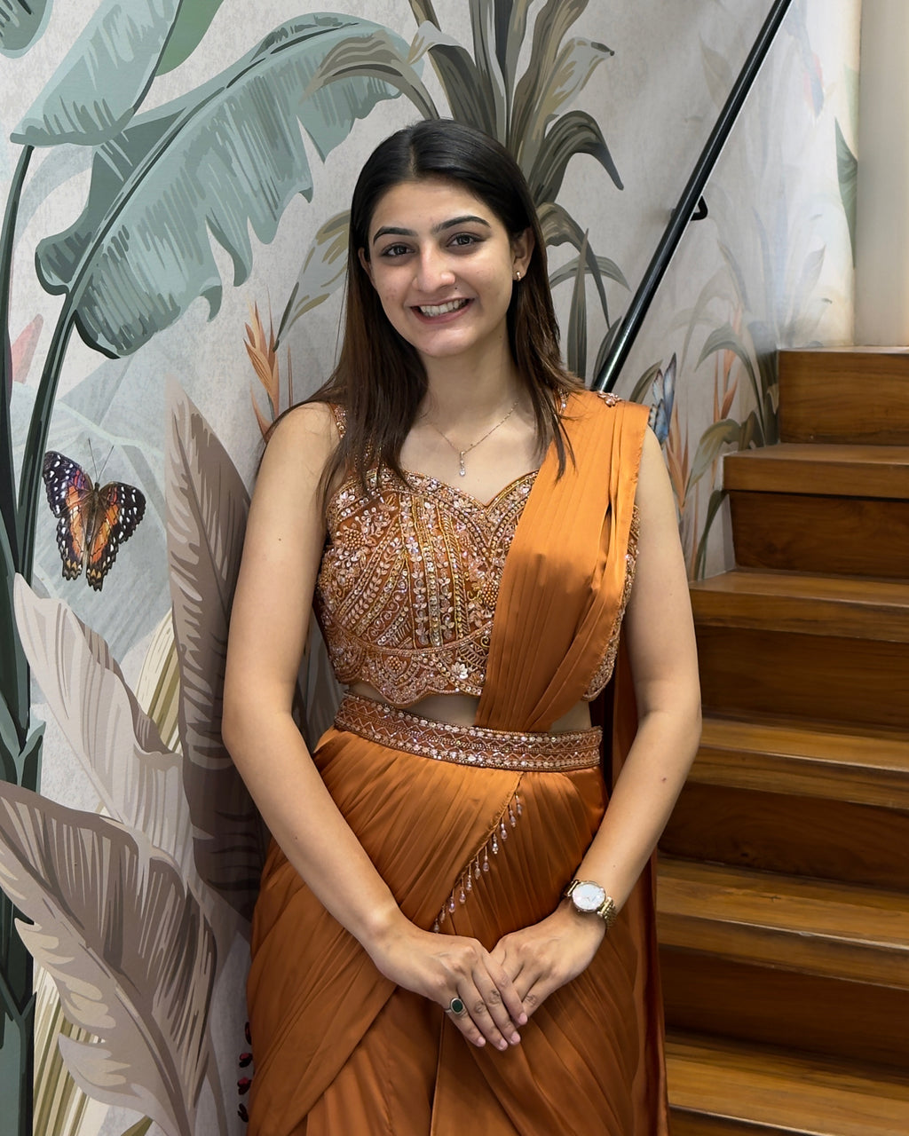 Rust Brown Designer Handworked Fish Cut Lehenga Set with Attached Dupatta