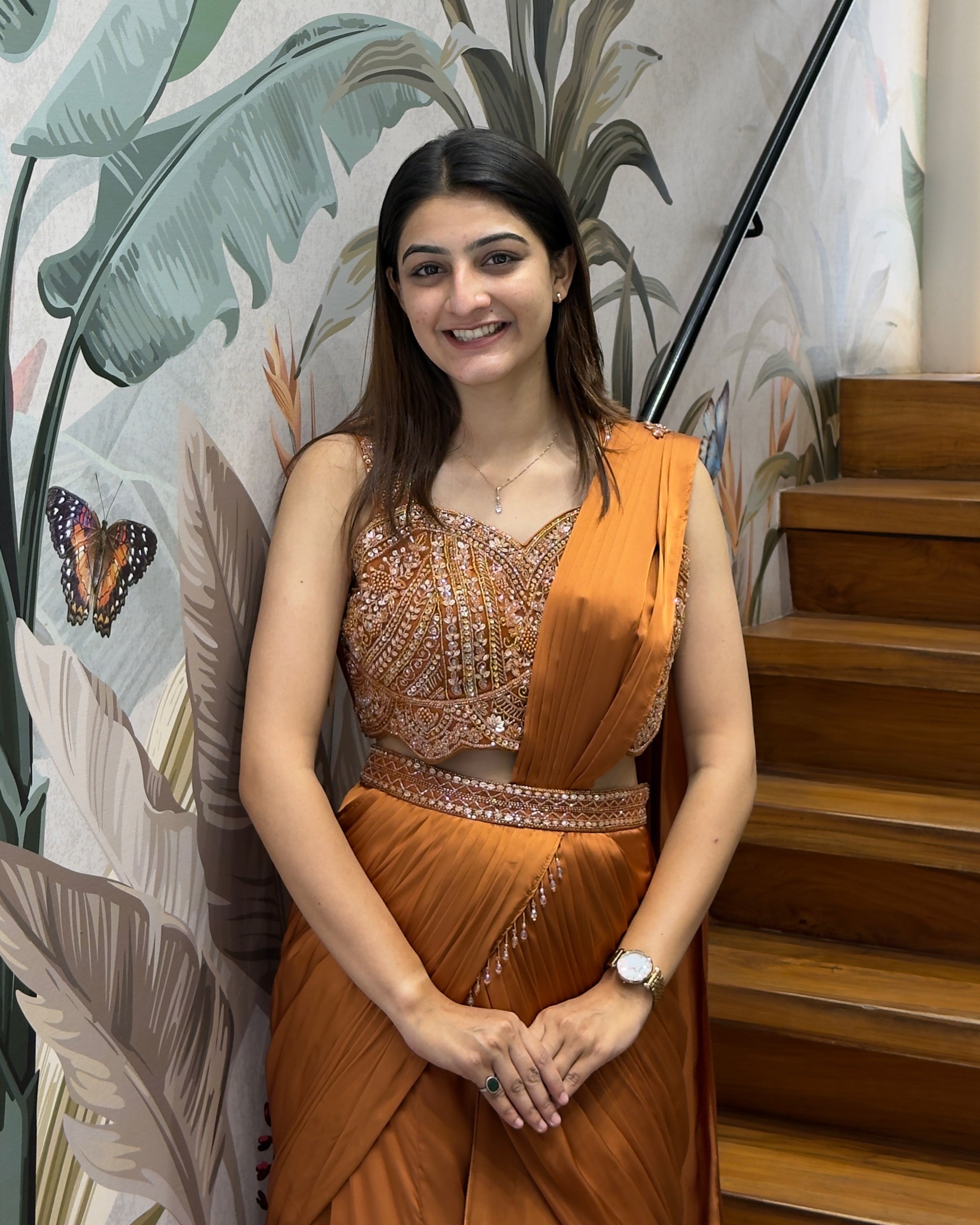 Rust Brown Designer Handworked Fish Cut Lehenga Set with Attached Dupatta