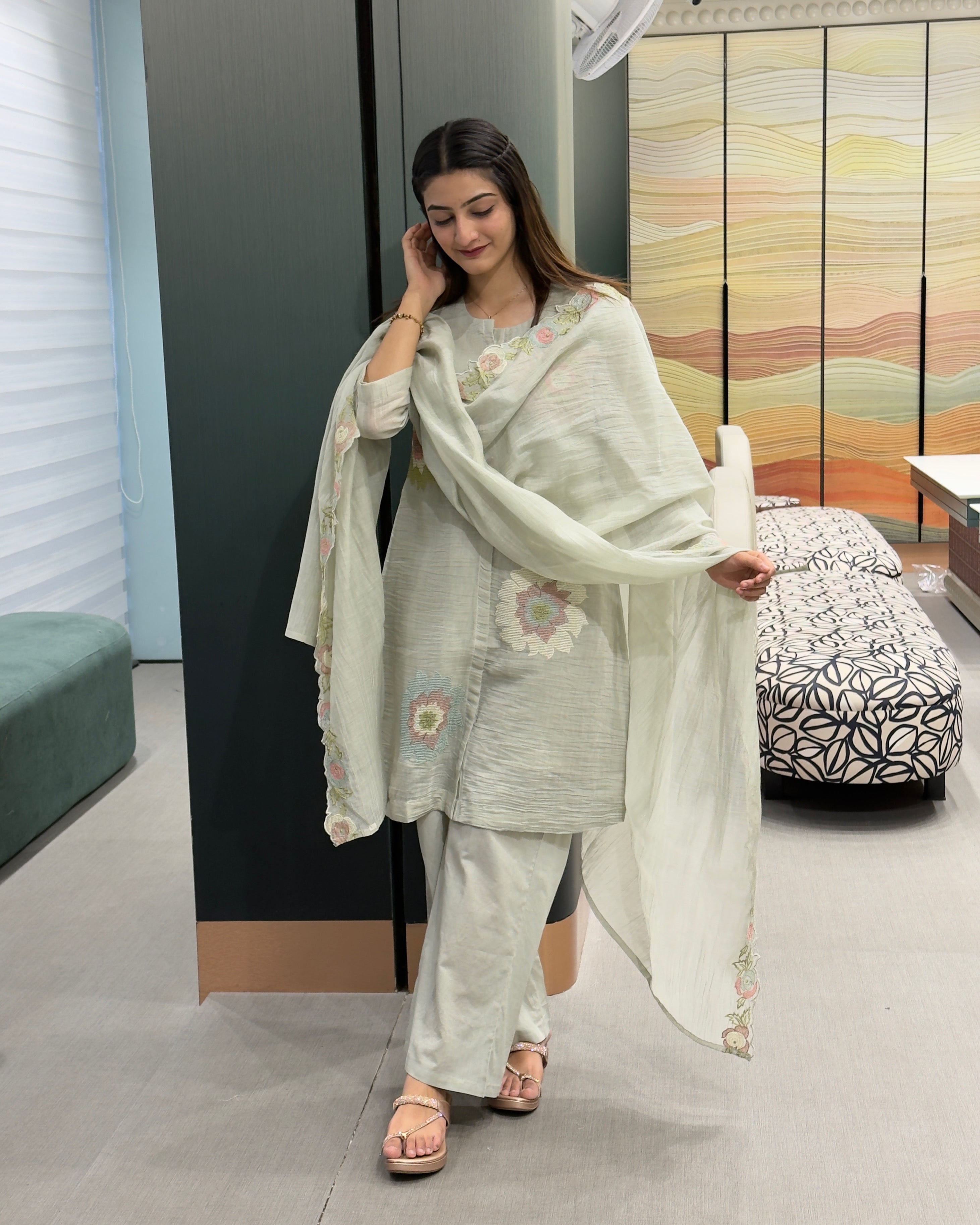Floral Pure Mal Cotton 3-Piece Kurta Set with Dupatta