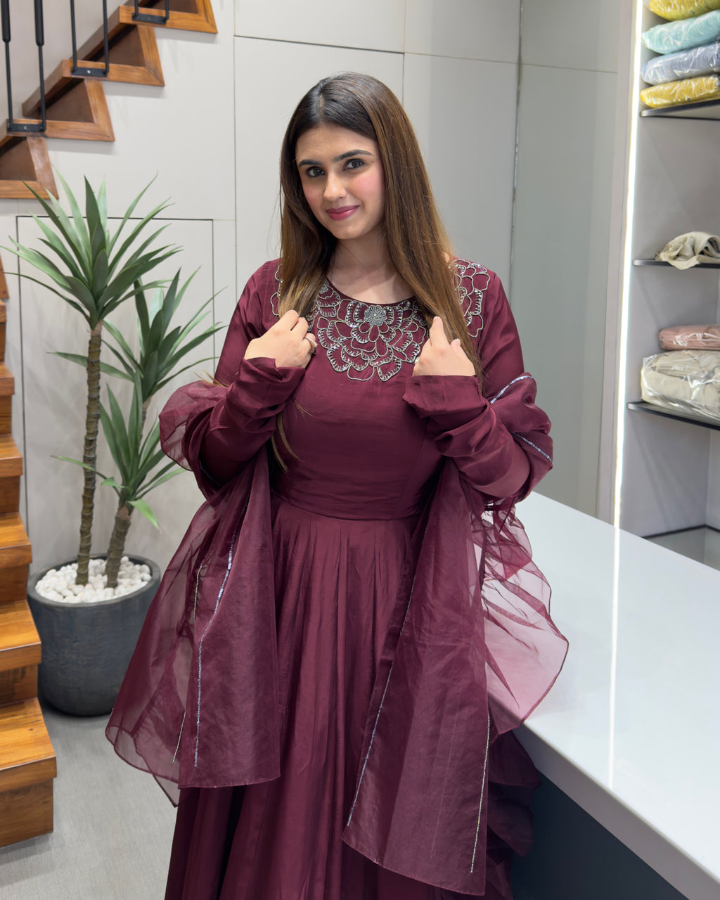 Wine Purple Handworked Flared Gown Set