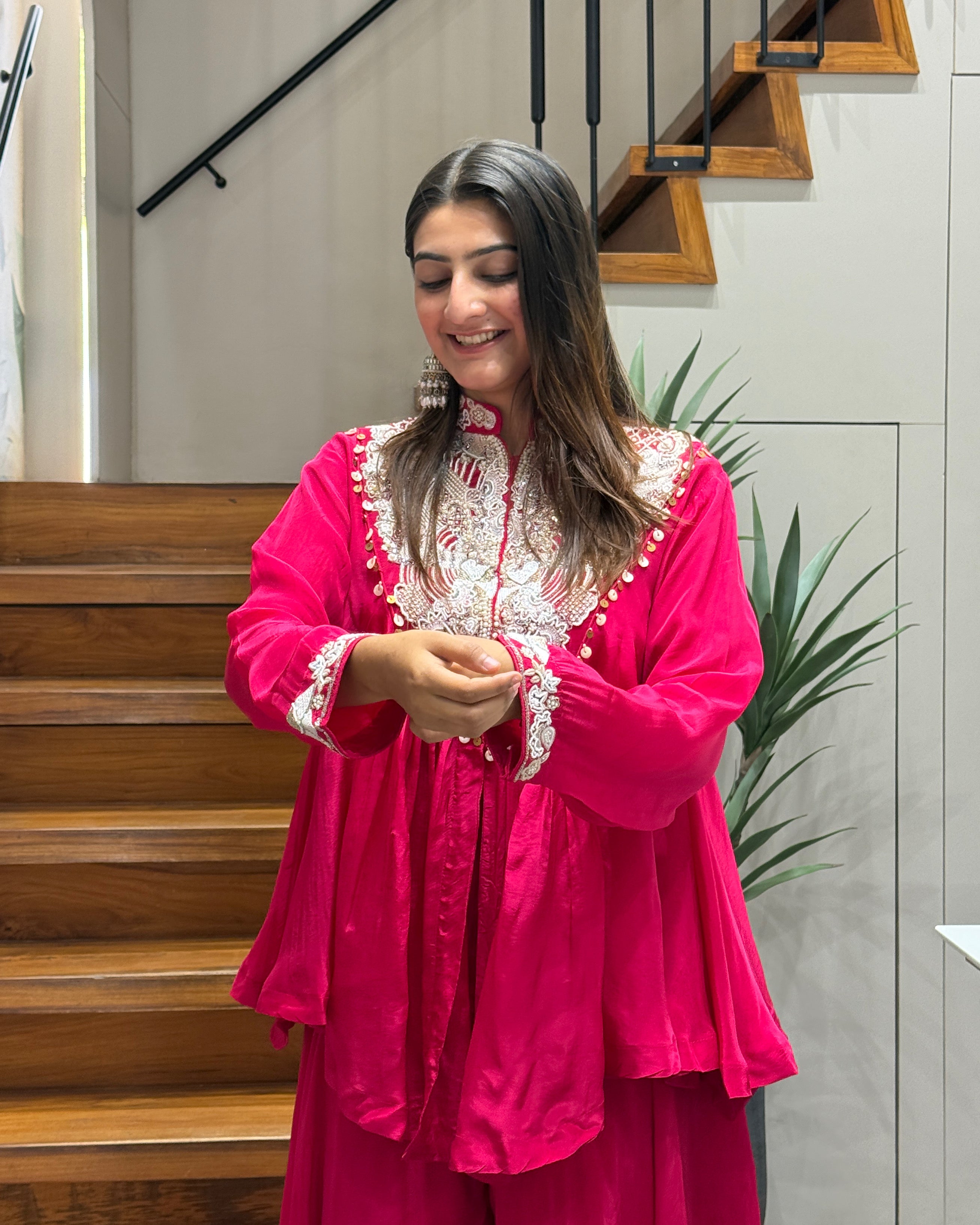 Designer Rani Pink Handworked Peplum Palazzo Set