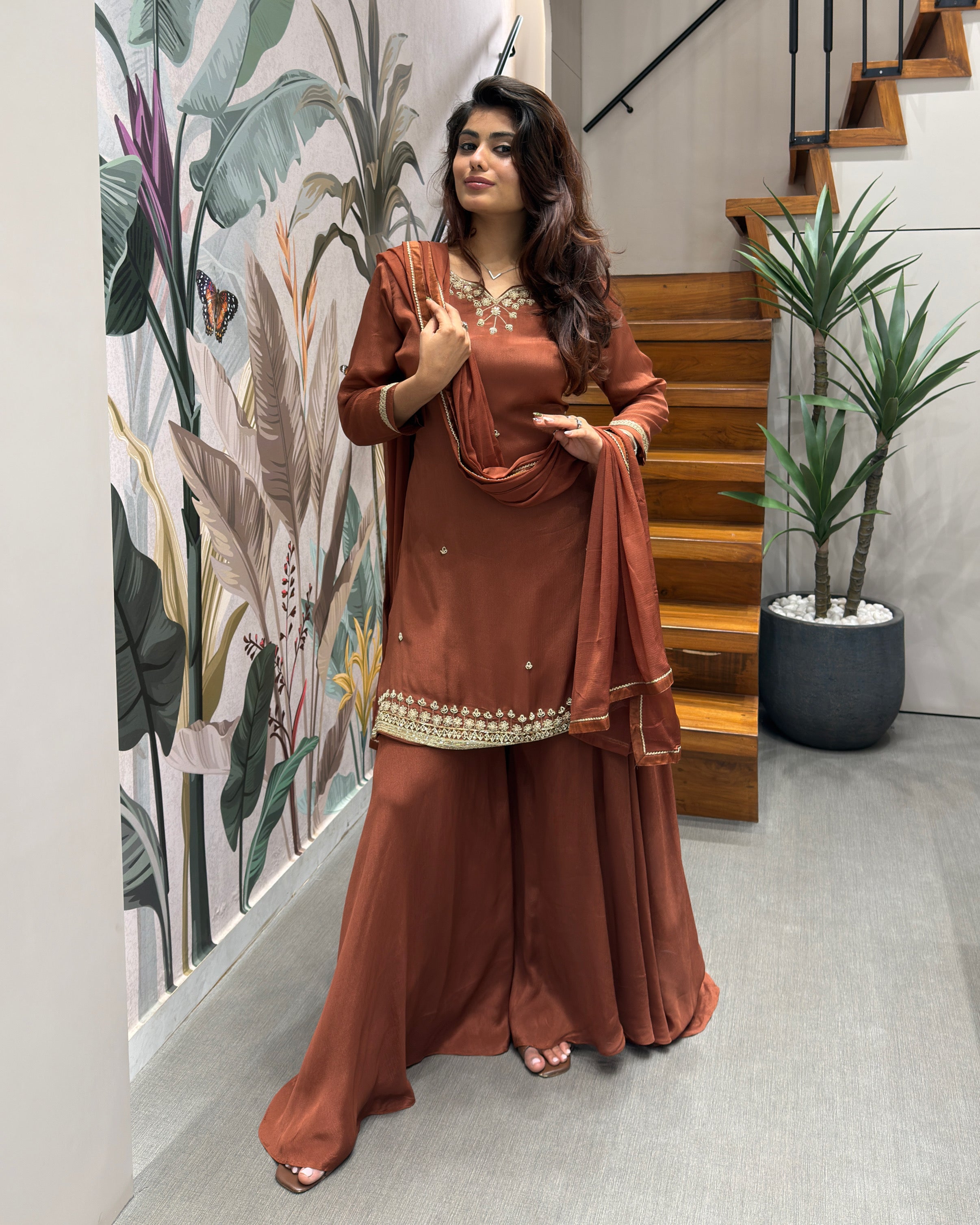 Elegant Handworked Rust Brown Palazzo Set with Dupatta