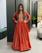 Elegant Red & Orange Handworked Anarkali Gown with Dupatta