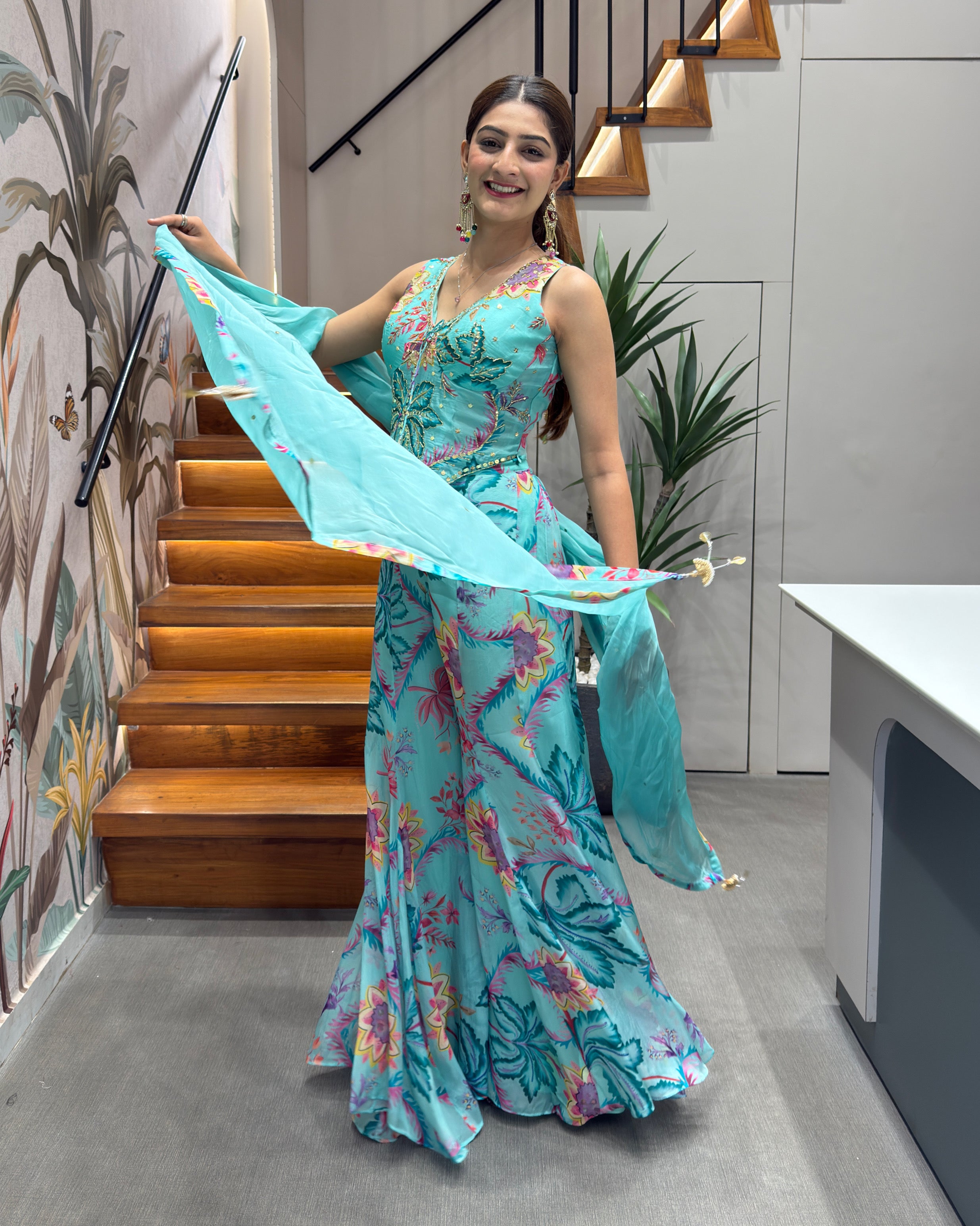 Designer Floral Handworked Palazzo Set with Dupatta