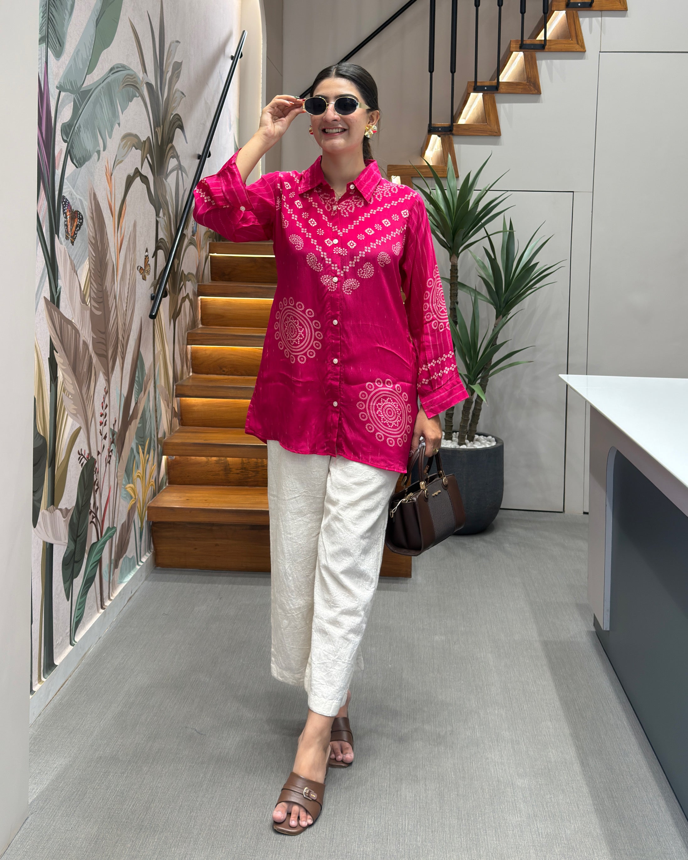 Rani Pink Bandhani Print Tunic Shirt