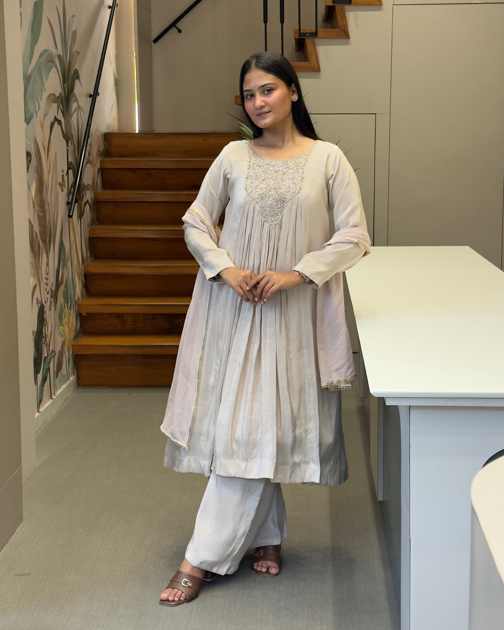 Elegant Pearl White Handwork Three Piece Suit Set