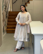 Elegant Pearl White Handwork Three Piece Suit Set