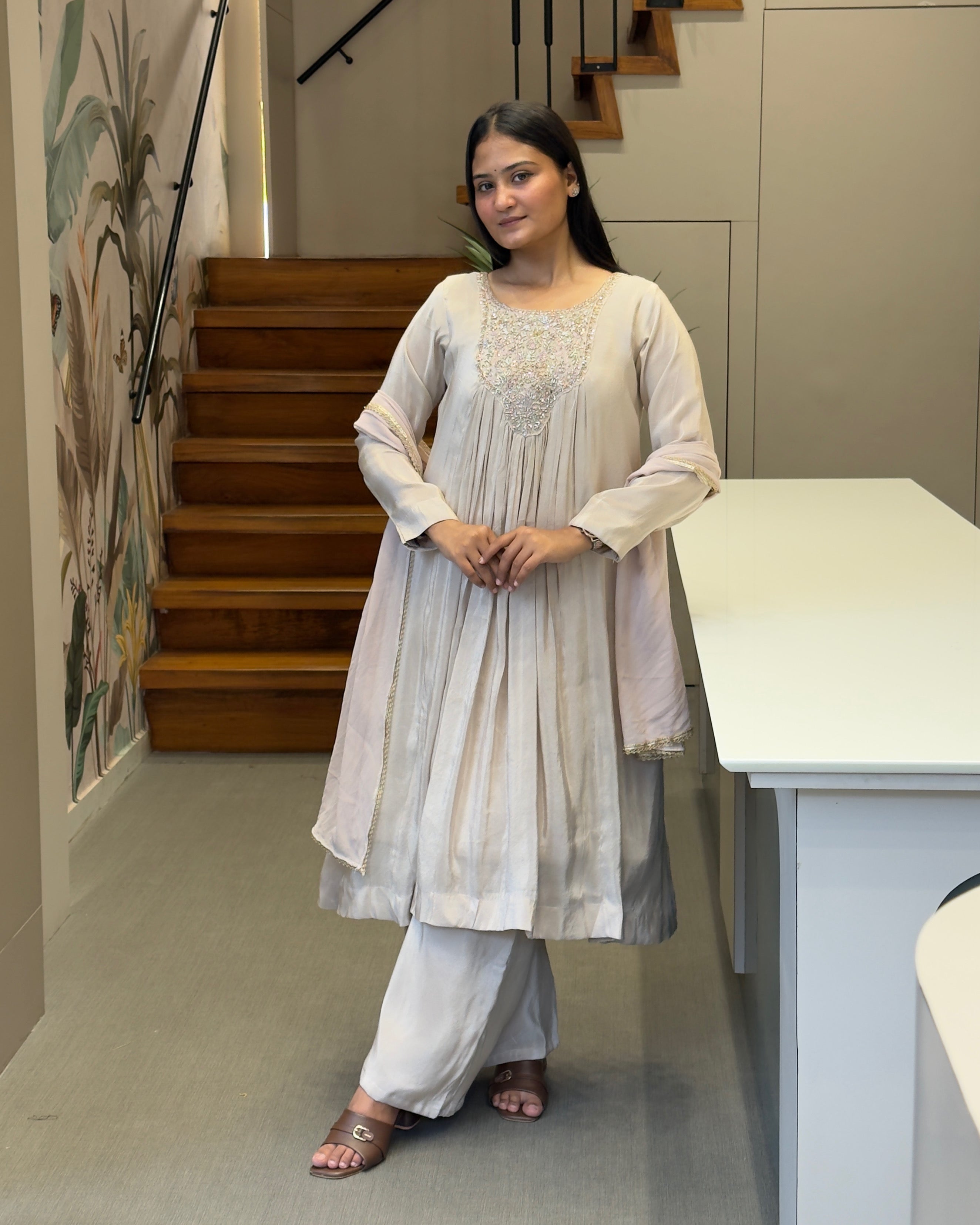 Elegant Pearl White Handwork Three Piece Suit Set