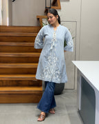 Elegant Sky Blue Embroidered Short Kurti