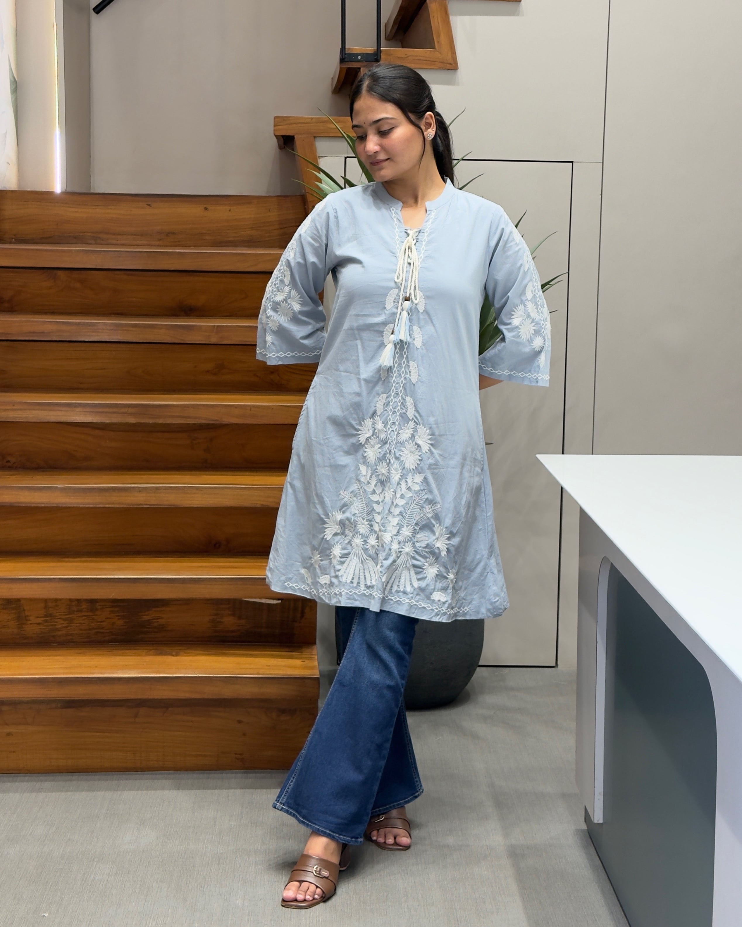 Elegant Sky Blue Embroidered Short Kurti