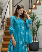 Premium Cotton Embroidered Kurti Pant Set with Dupatta