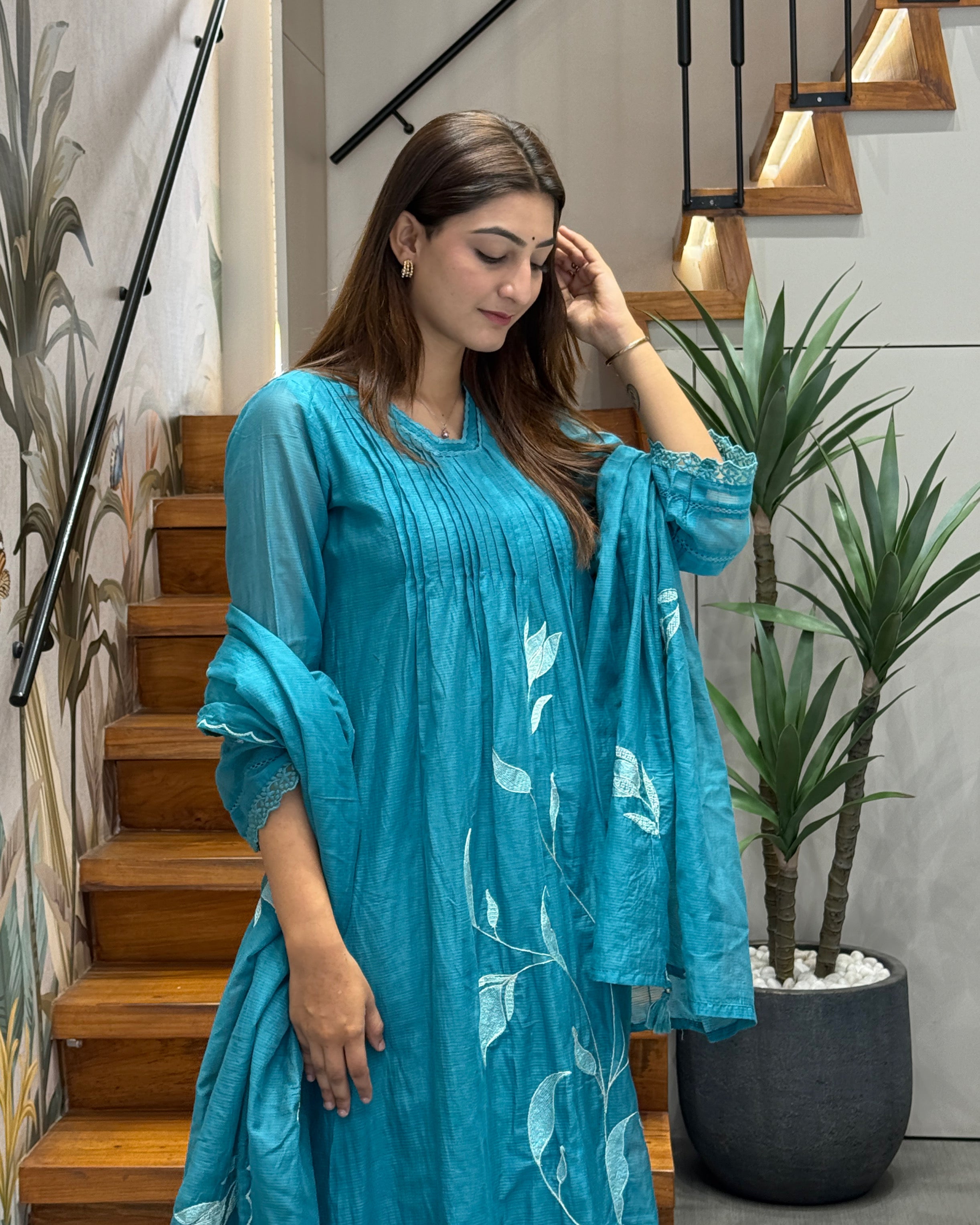 Premium Cotton Embroidered Kurti Pant Set with Dupatta