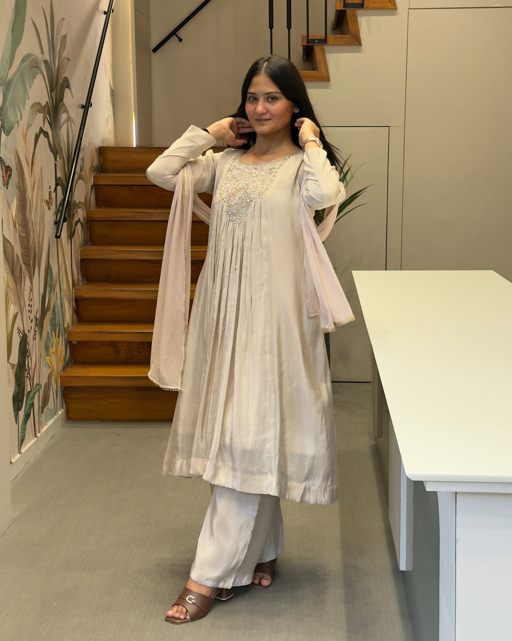 Elegant Pearl White Handwork Three Piece Suit Set
