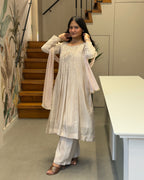 Elegant Pearl White Handwork Three Piece Suit Set