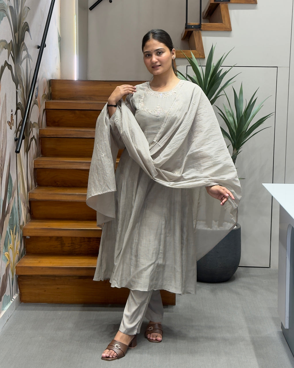 Elegant Light Grey Handworked Three Piece Set