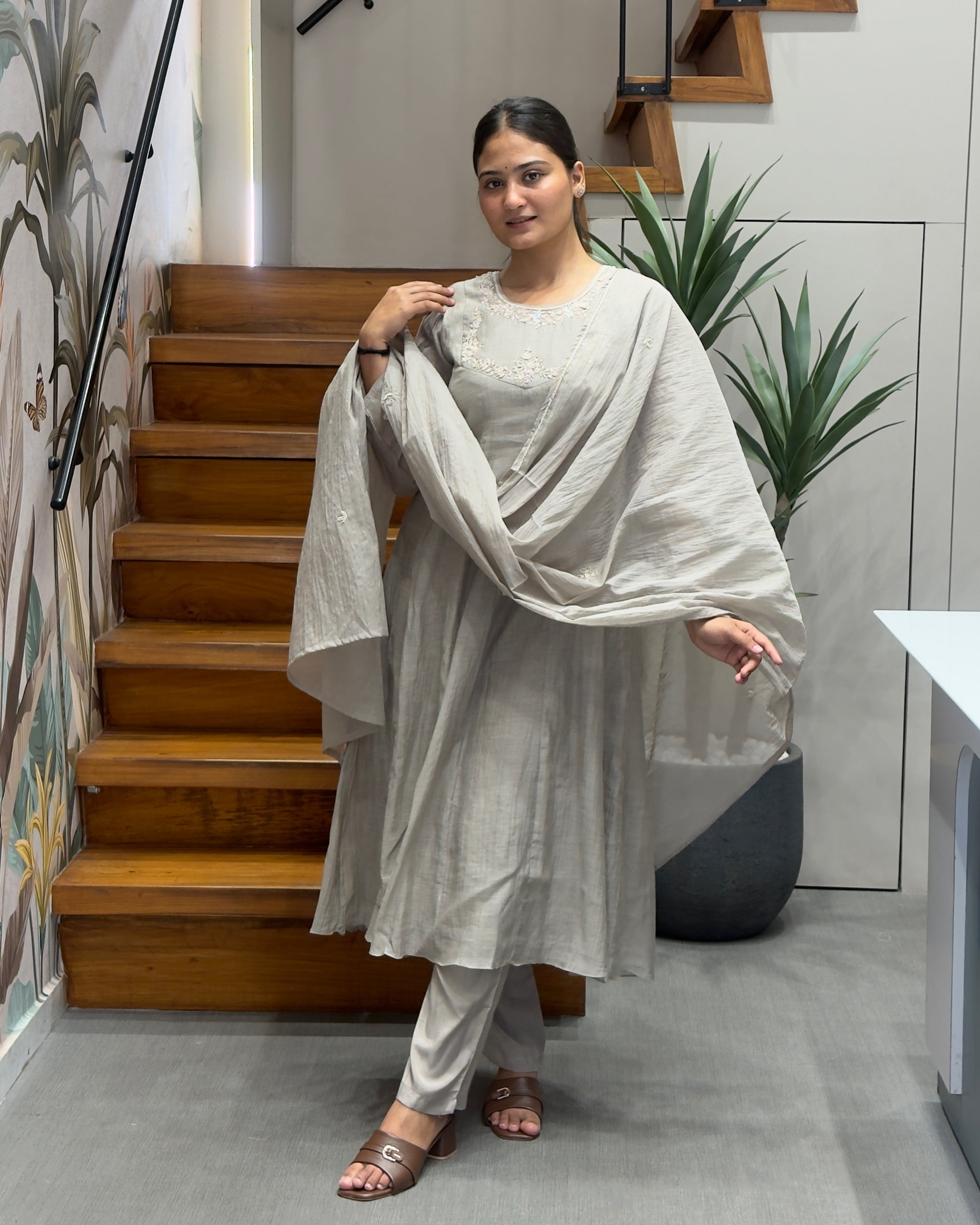Elegant Light Grey Handworked Three Piece Set
