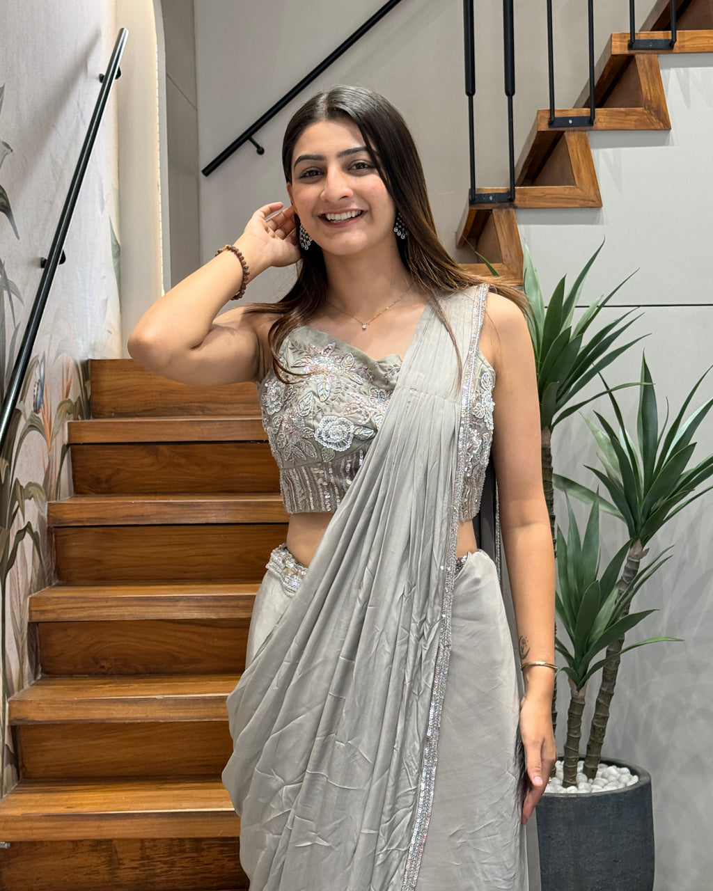 Elegant Silver Grey Handworked Drape Saree with Designer Corset Blouse