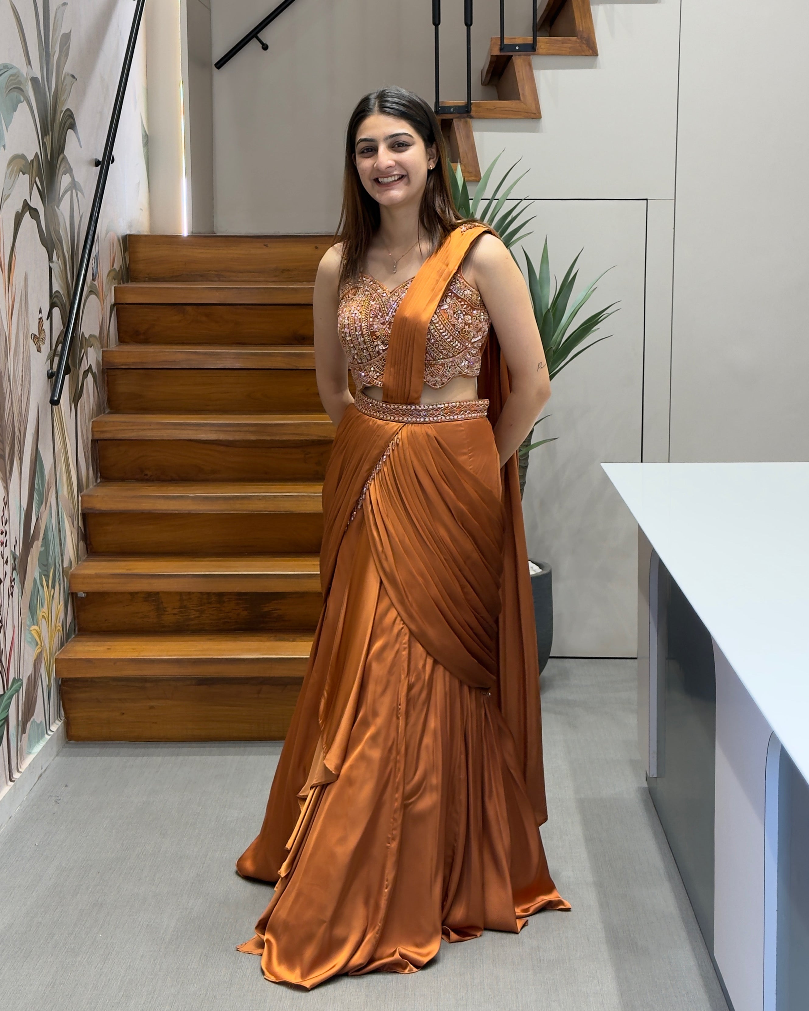 Rust Brown Designer Handworked Fish Cut Lehenga Set with Attached Dupatta