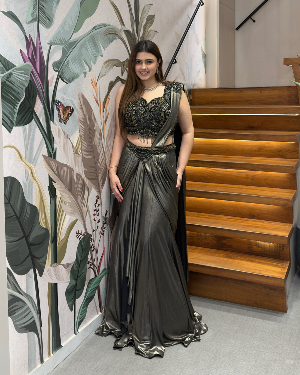 Black & Antique Gold Handworked Draped Fish Cut Saree Set with Attached Dupatta