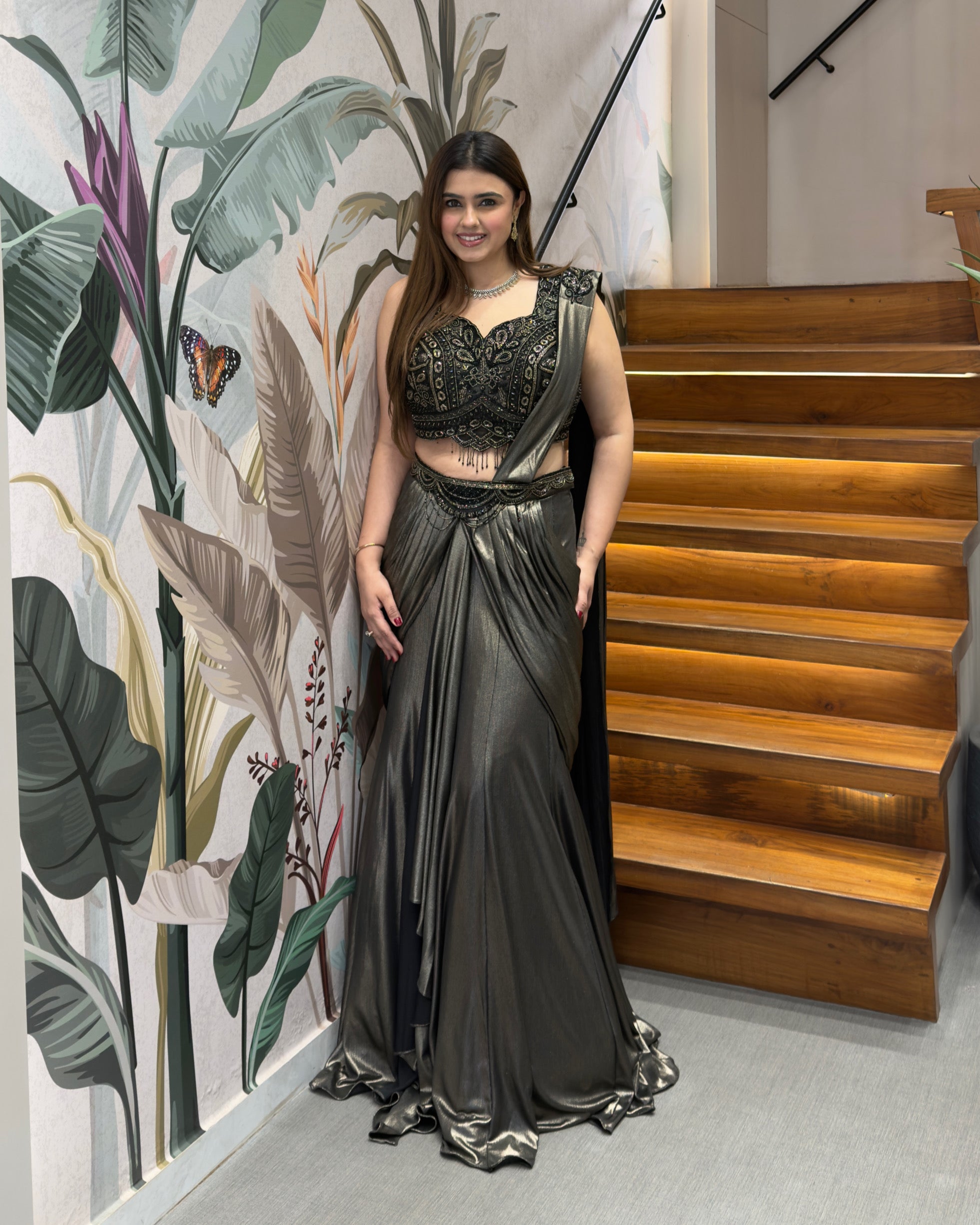 Black & Antique Gold Handworked Draped Fish Cut Saree Set with Attached Dupatta