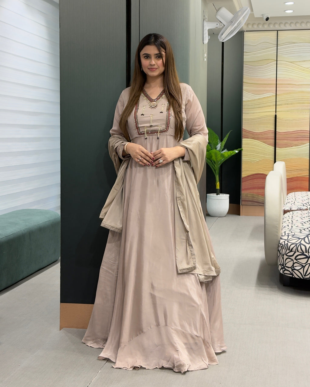 Elegant Beige Handworked Flared Gown Set with Dupatta