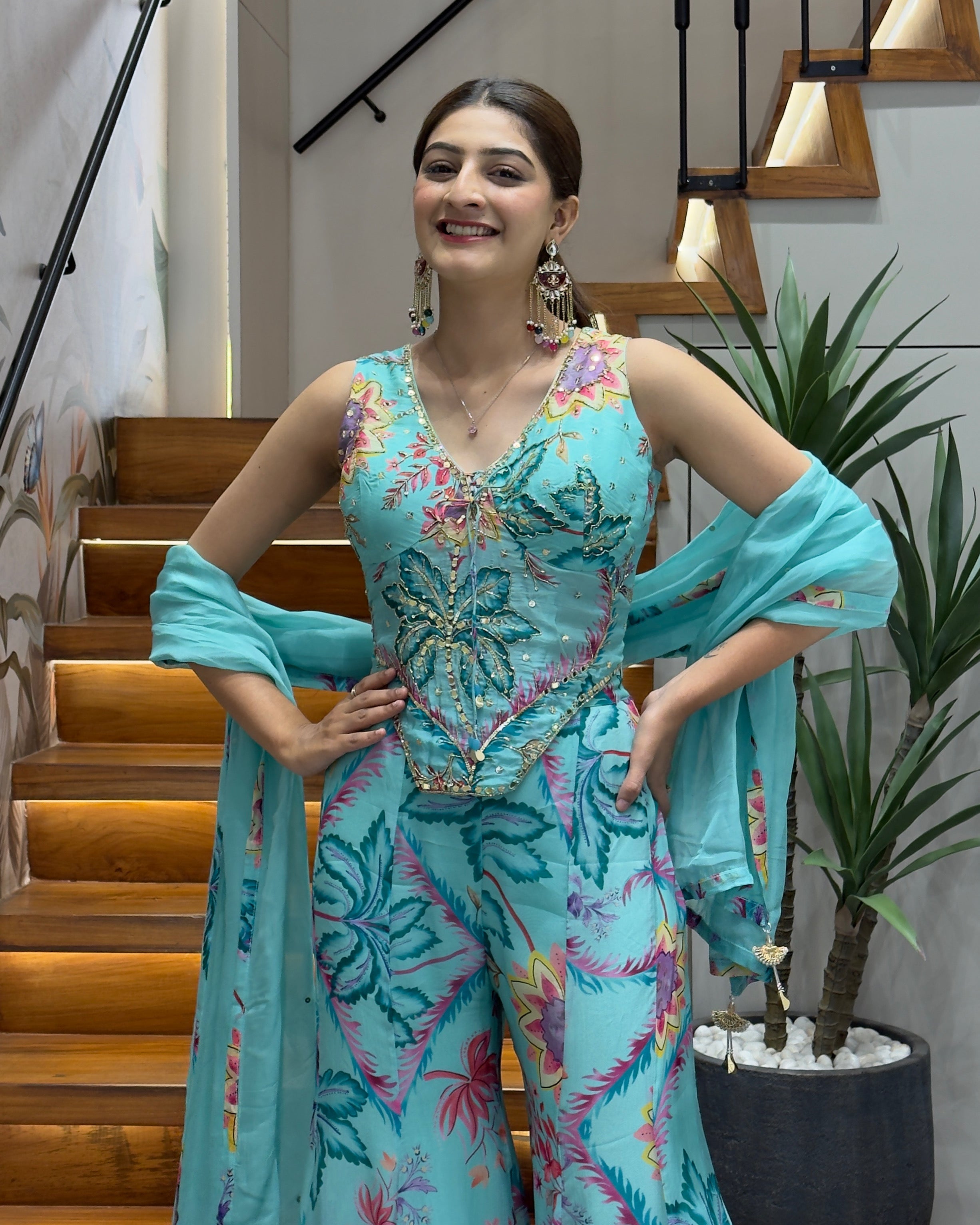 Designer Floral Handworked Palazzo Set with Dupatta