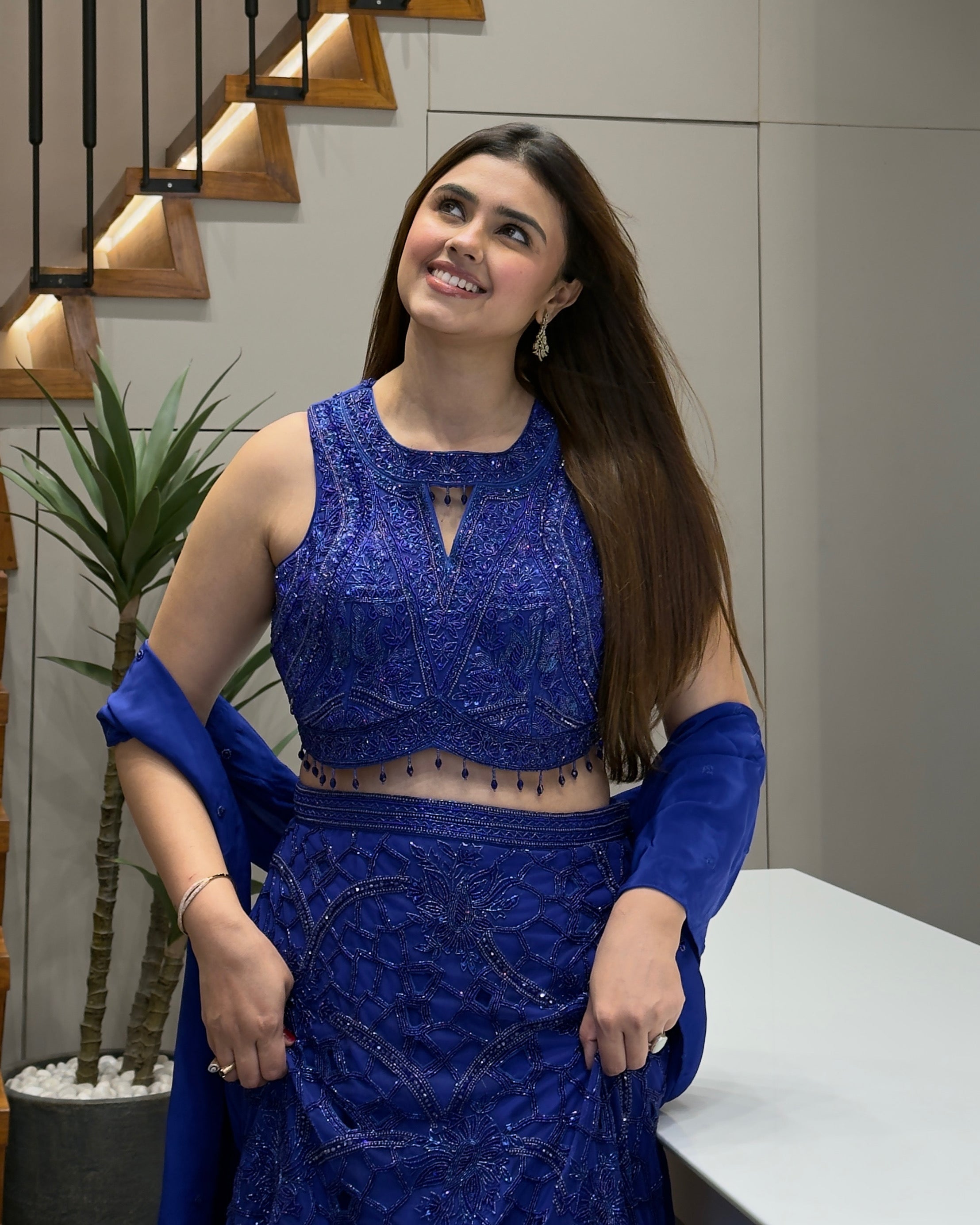 Royal Blue Pure Handworked Fish Cut Lehenga Set with Designer Blouse & Dupatta