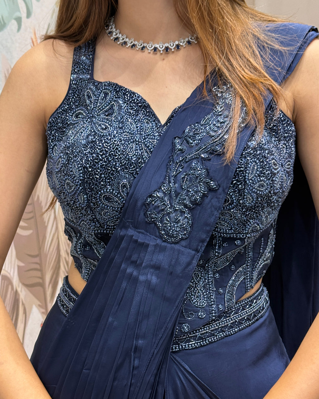 Designer Ready-to-Wear Navy Blue Saree with Handwork Blouse