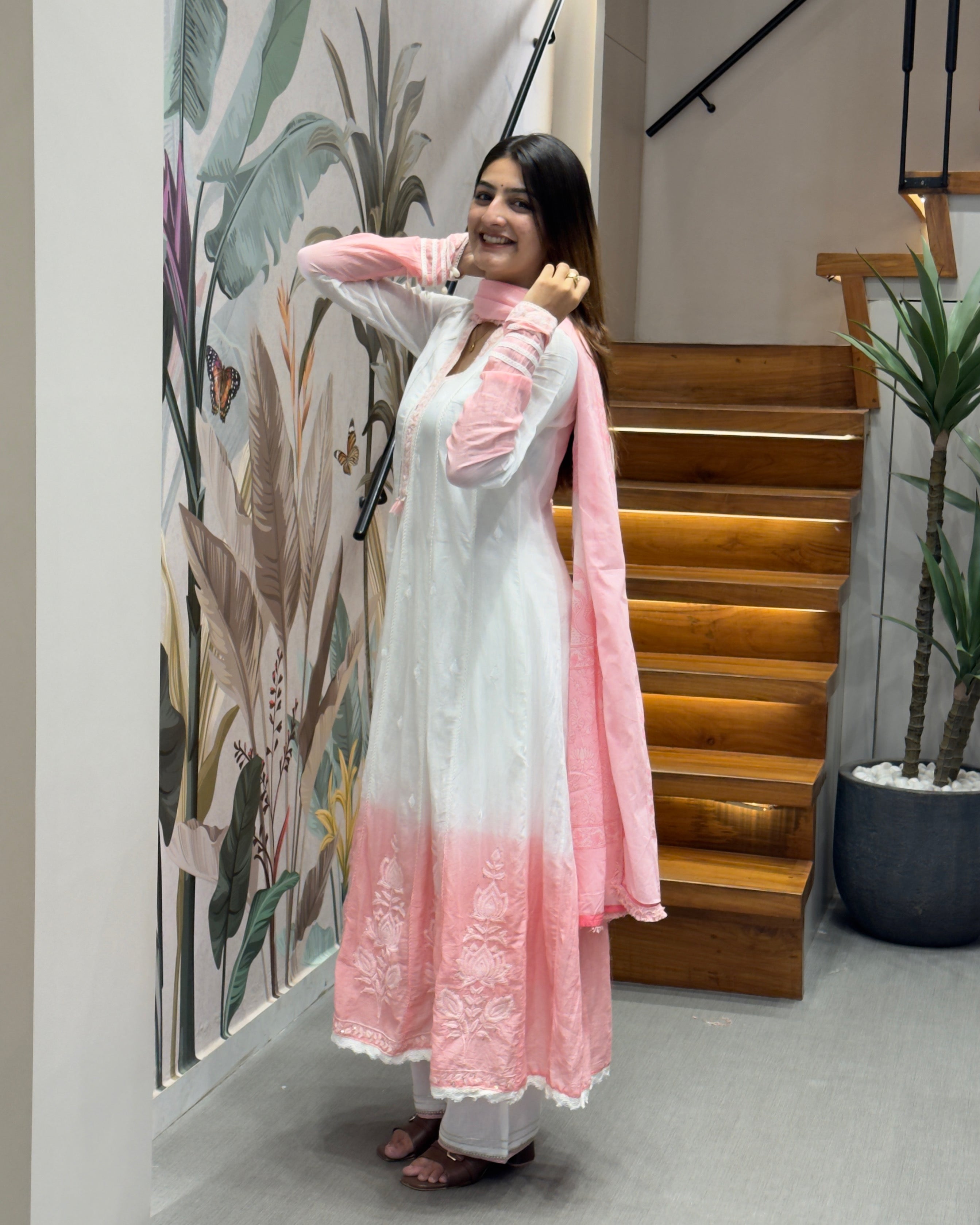 Elegant White & Baby Pink Dual Tone Cotton Three Piece Suit Set
