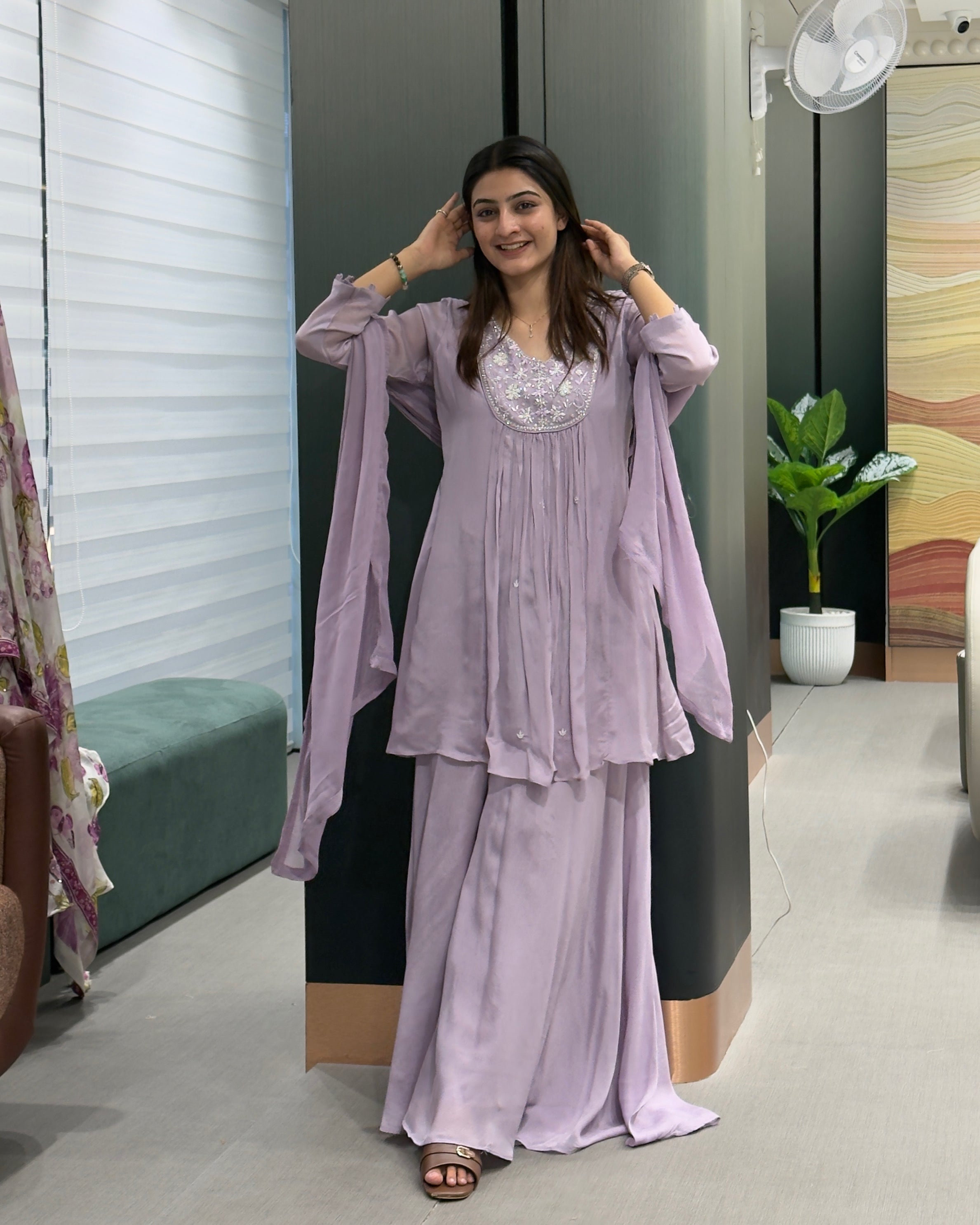 Elegant Handwork Chinon Kurta Plazo Set with Dupatta