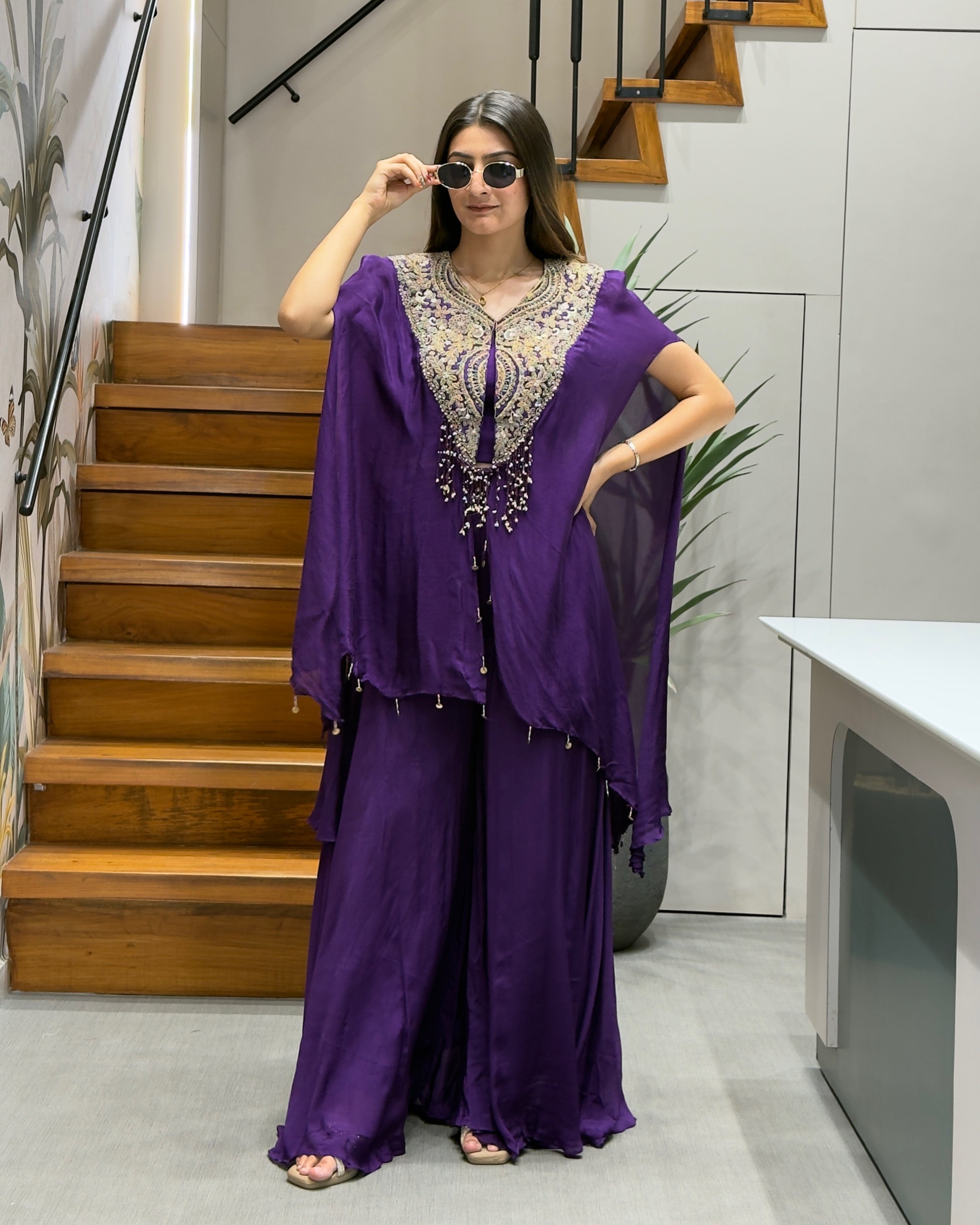 Royal Purple Handworked Kaftan Co-ord Set with Palazzo