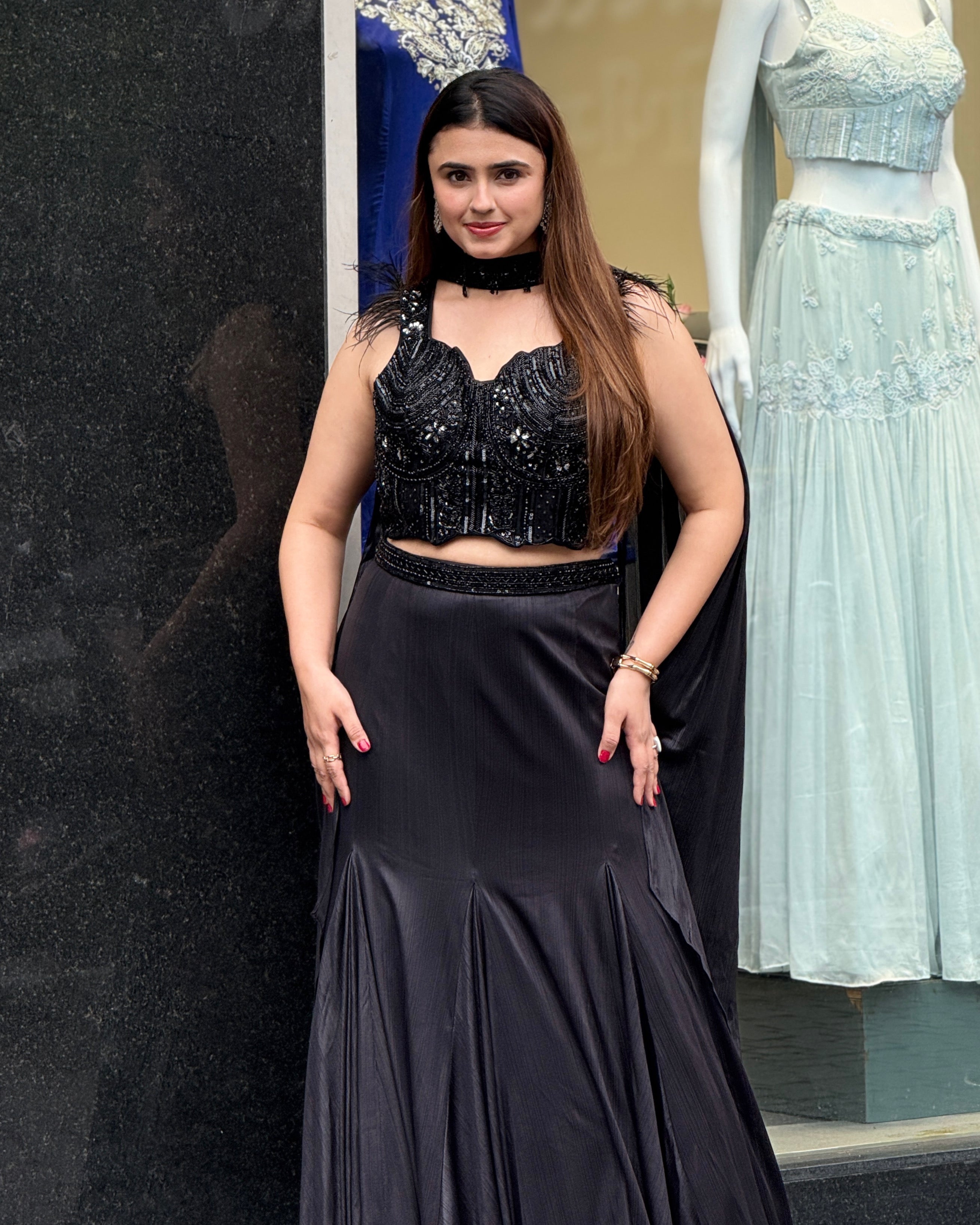 Designer Black Indo-Western Lehenga Set with Handworked Blouse