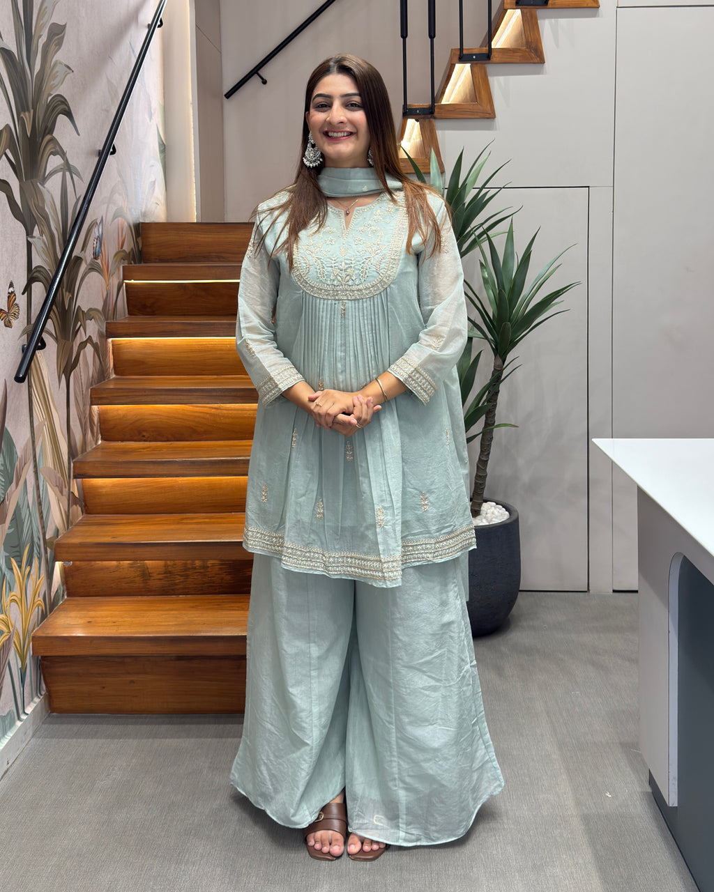 Elegant Mint Green Handworked Palazzo Set with Dupatta