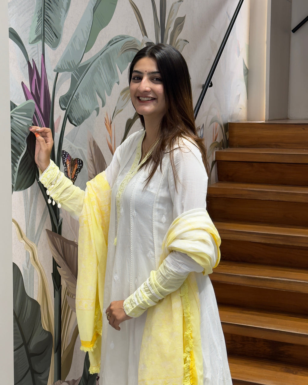 Elegant White & Lemon Yellow Dual Tone Cotton Three Piece Suit Set