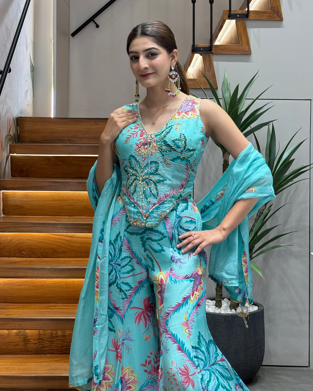 Designer Floral Handworked Palazzo Set with Dupatta