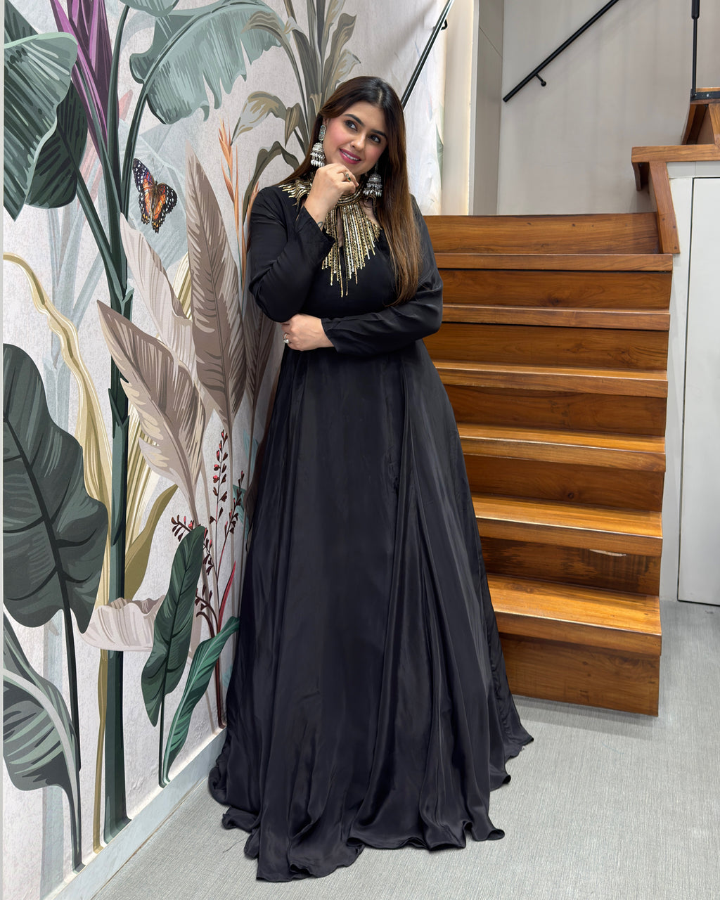 Elegant Black Handworked Flared Gown Set with Dupatta