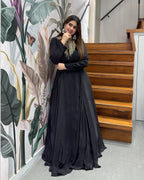 Elegant Black Handworked Flared Gown Set with Dupatta