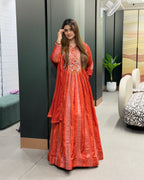 Elegant Red & Orange Handworked Anarkali Gown with Dupatta