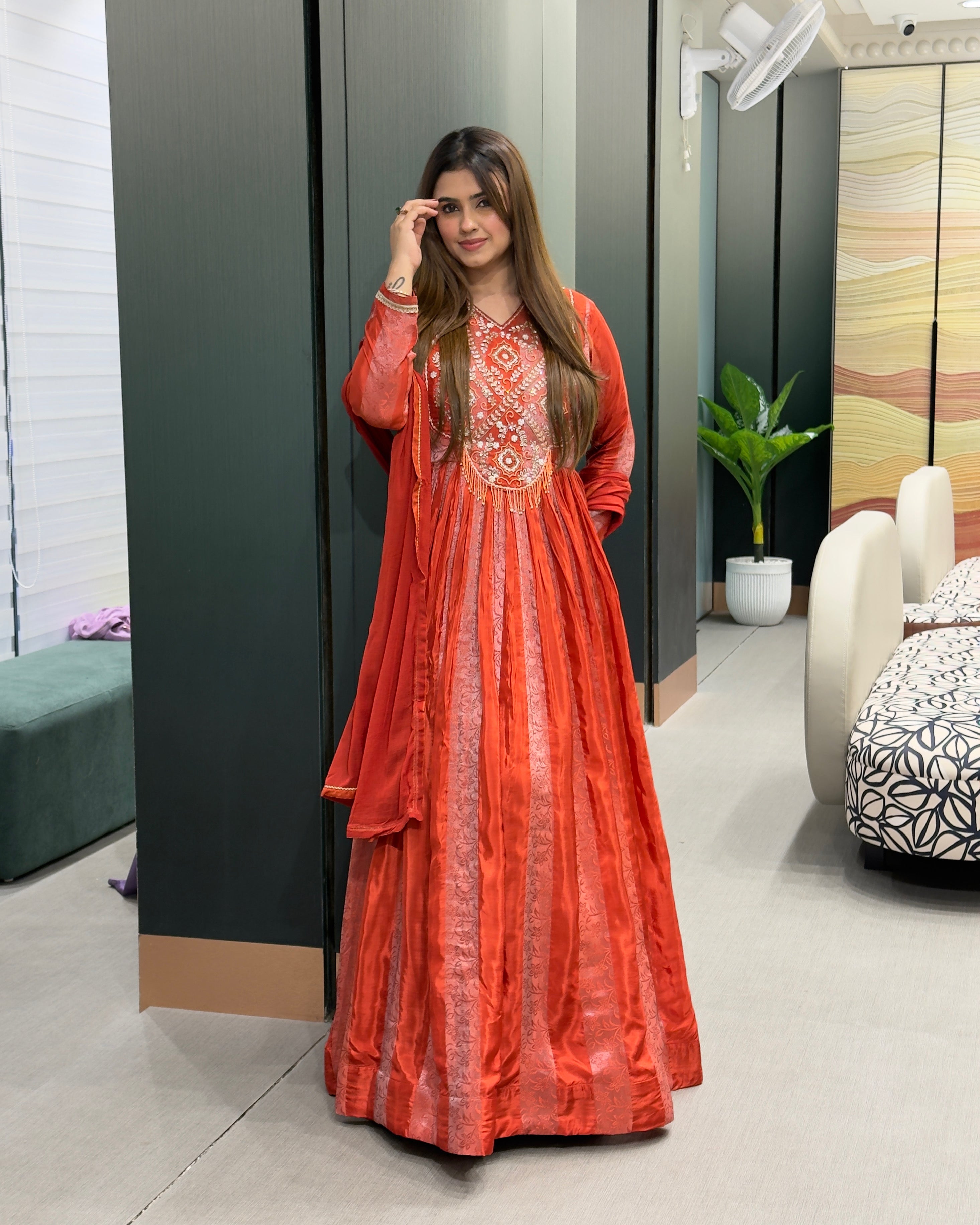 Elegant Red & Orange Handworked Anarkali Gown with Dupatta