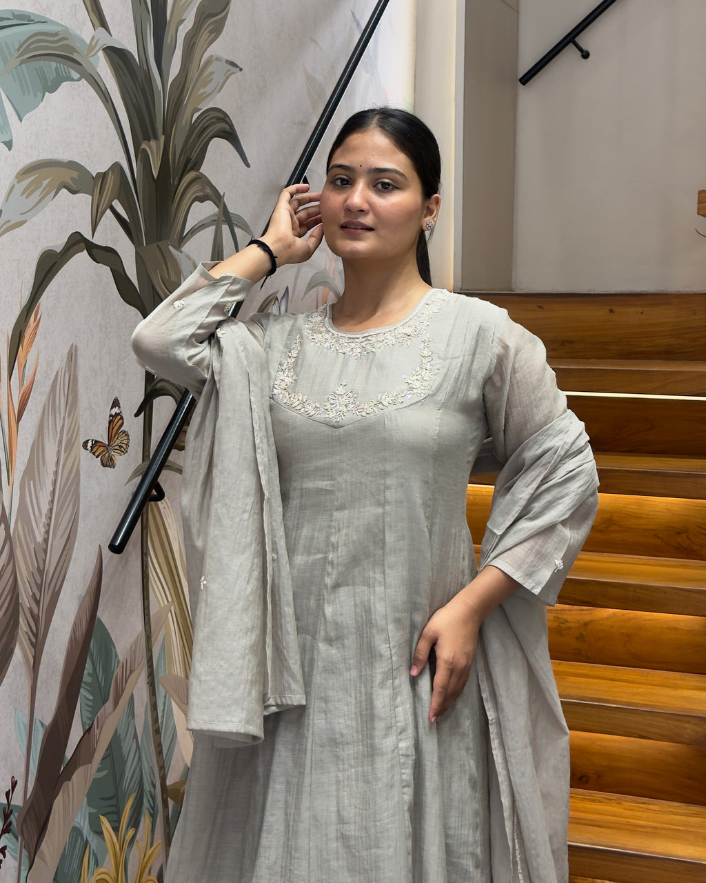 Elegant Light Grey Handworked Three Piece Set