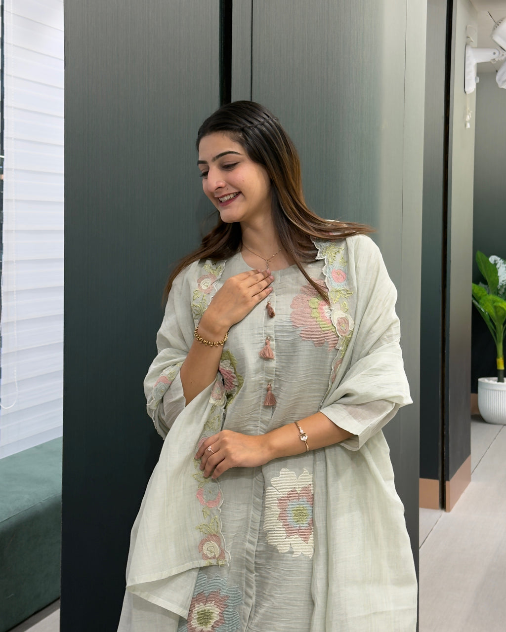 Floral Pure Mal Cotton 3-Piece Kurta Set with Dupatta